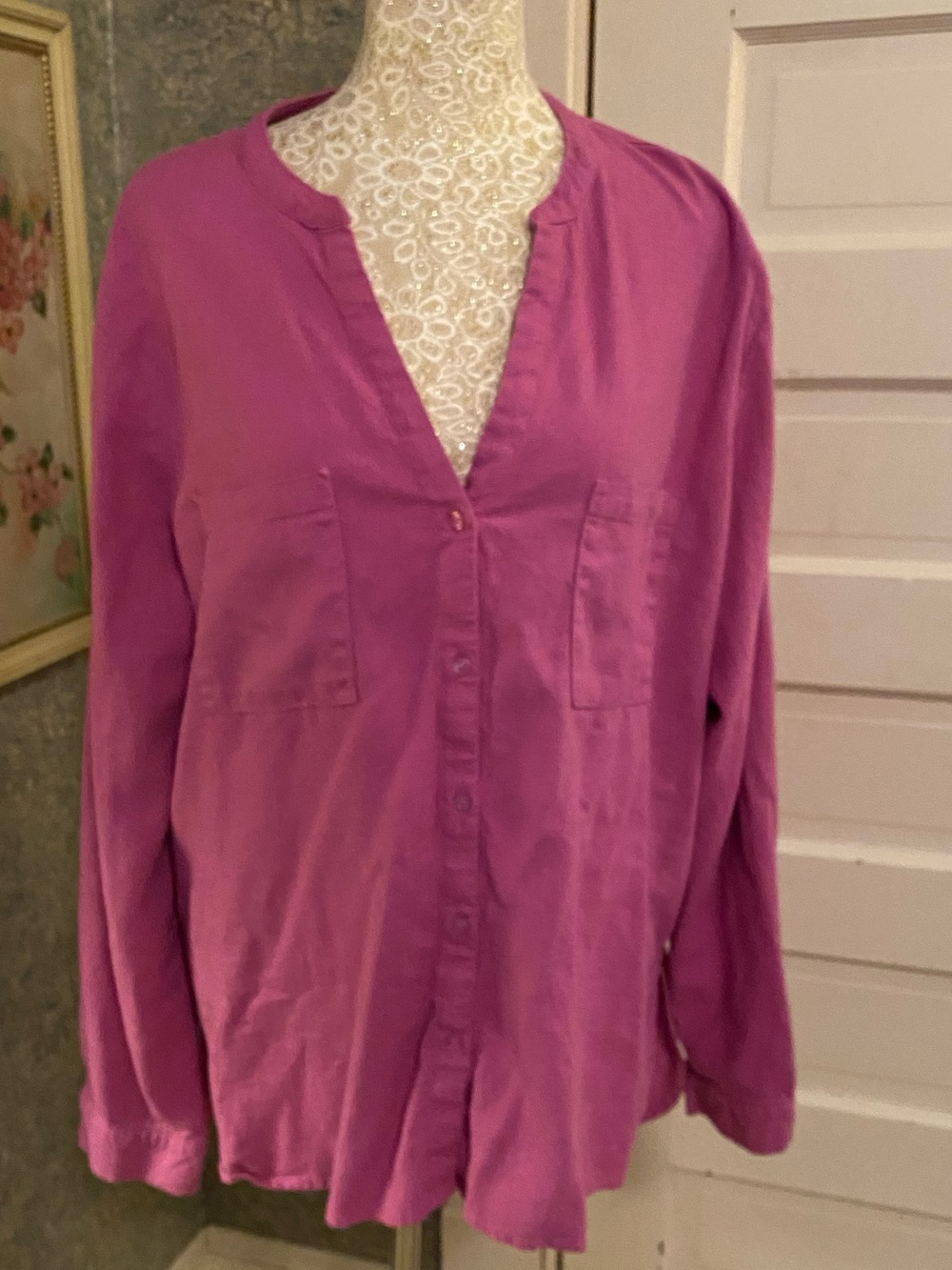 Nine West Fuchsia pink  Button-Front Blouse linen blend v neck XL